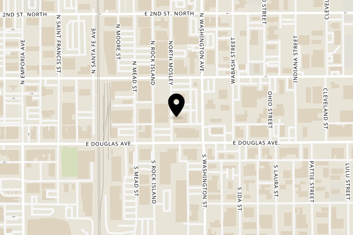 Map showing the location of O'Larney's Pub and Rooftop Bar on 126 North Mosley Street in Wichita